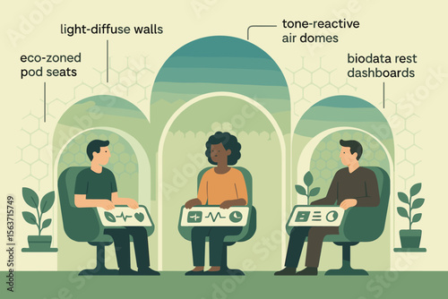 Illustration of people in eco-friendly pod seats with biodata dashboards and tone-reactive air domes.