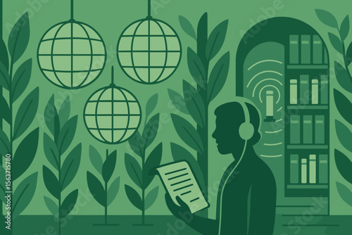 Green-themed illustration of a person listening to audio content with headphones, surrounded by books and floating globes.