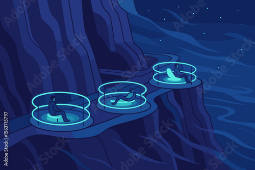 Futuristic cliffside pods with glowing seats overlooking a starry sky