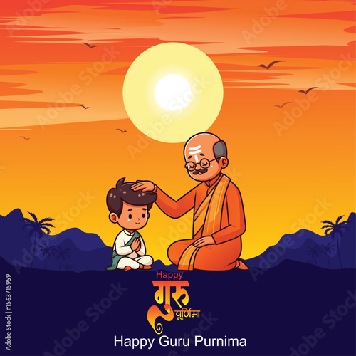 happy Guru Purnima teacher blassing indian  elder, digital illustration, vibrant colors, traditional indian art style teacher is blassing student guru purnima hindi calligraphy