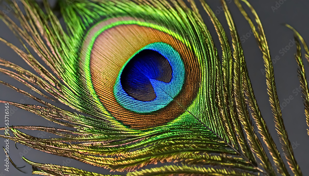Obraz premium Exquisite peacock feather displays iridescent hues of blue, green, and gold creating a stunning natural detail.