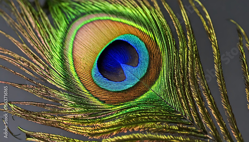 Exquisite peacock feather displays iridescent hues of blue, green, and gold creating a stunning natural detail.