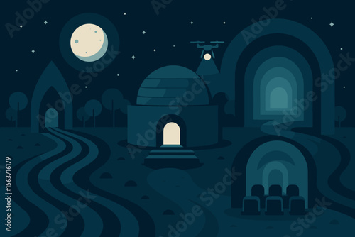 A tranquil nighttime scene featuring a glowing full moon, a futuristic dome structure, paths winding through a peaceful landscape, and glowing rainbow arches with a hovering drone.