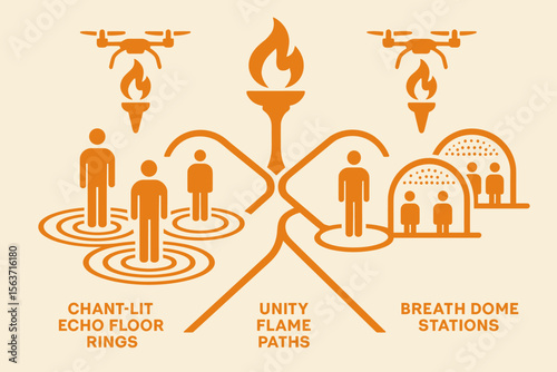 Futuristic wellness concept with flame paths, echo rings, and dome stations