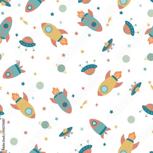 Seamless print with spaceships, planets, stars and rockets.