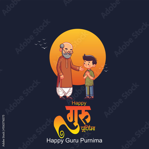happy Guru Purnima teacher blassing indian  elder, digital illustration, vibrant colors, traditional indian art style teacher is blassing student guru purnima hindi calligraphy
