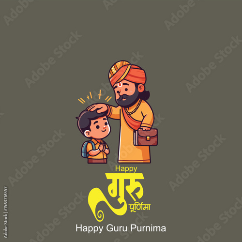 happy Guru Purnima teacher blassing indian  elder, digital illustration, vibrant colors, traditional indian art style teacher is blassing student guru purnima hindi calligraphy