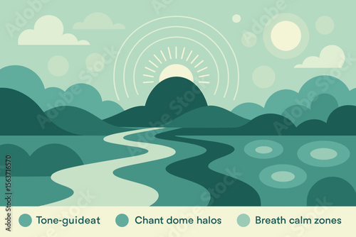 Stylized landscape with labeled elements for meditation and calm guidance