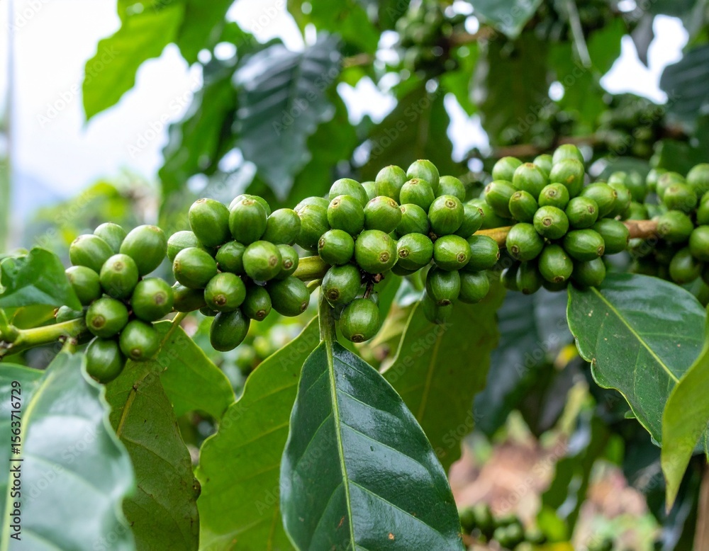 Green Coffee Cherries on Branch Green Coffee Cherries on Branch