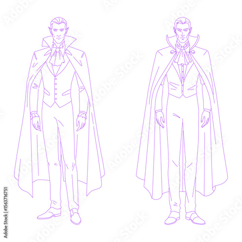 Halloween vampire wearing a cape line art illustration