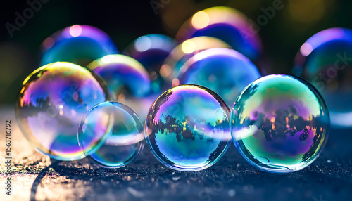 Glistening soap bubbles showcase vibrant iridescent colors, catching the light in a beautiful display of ephemeral beauty and delicate texture.
