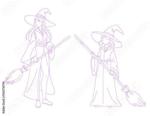 Halloween witch holding a broom line art illustration