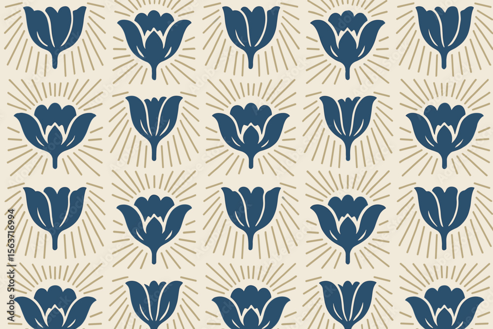 Bold floral sunburst pattern with blue tulips on cream background