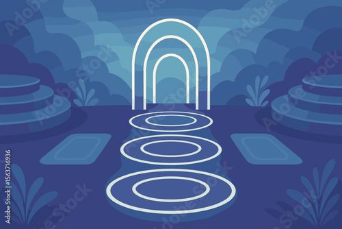 Mystical blue landscape with glowing archway and circular path