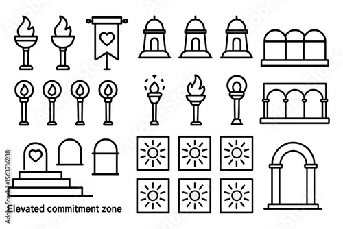 Icon set of ceremonial structures, torches, and an “Elevated Commitment Zone” label