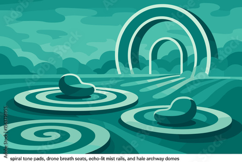 Futuristic abstract landscape with spiral pads and archway domes
