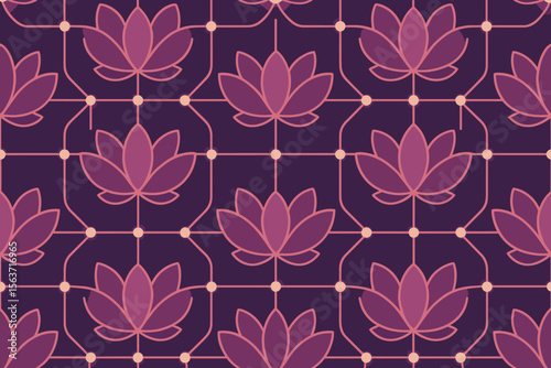 Seamless lotus flower pattern with glowing geometric grid on dark background