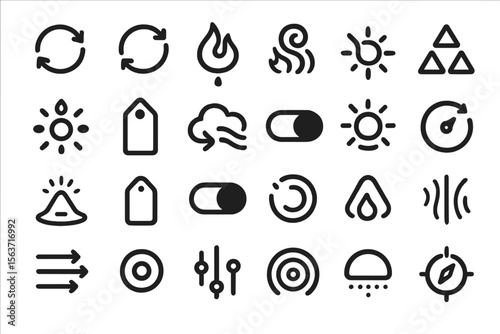 Dark-themed elemental icons for UI featuring fire, light, and motion
