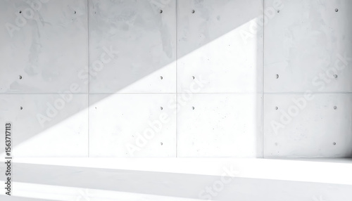 Minimalist architecture presents a concrete wall bathed in natural light, creating a serene and bright interior space with geometric shadows.
