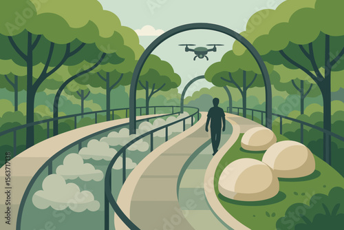 Modern forest walkway with drone and mist arches in a green wellness park