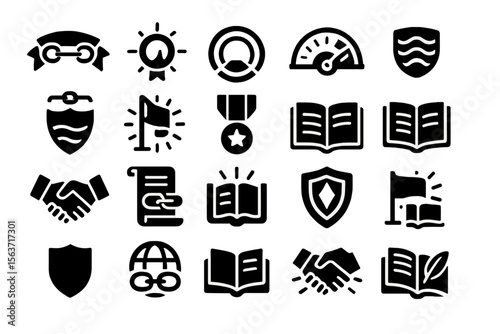 Black and white academic and achievement icon set with shields and books