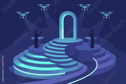 Futuristic debate stage with glowing lights and surveillance drones