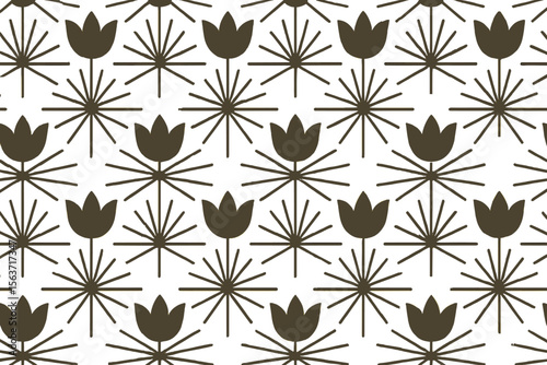 Bold floral pattern with black tulips and starburst motifs on yellow background