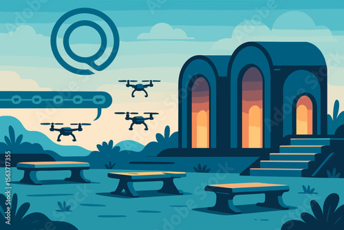 Futuristic drone hub scene with glowing gateway, benches, and conveyor system