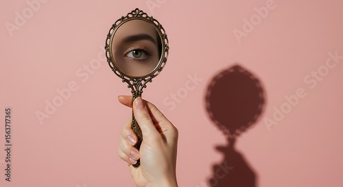 Hand Holding Antique Mirror Reflecting Eye Self-Reflection Concept