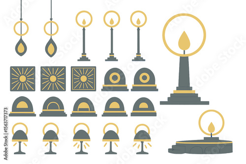 Glowing fantasy UI set with lanterns, radiant altars, sun tiles, and light domes
