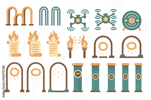 Fantasy interface icons featuring glowing scrolls, gates, drones, and pillars