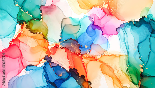 Vibrant abstract artwork features swirling blends of pink, blue, orange, and teal hues, creating a fluid and colorful backdrop.