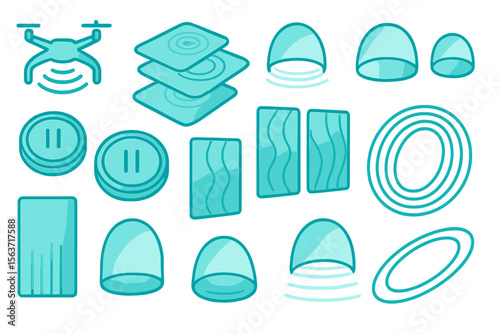 Glowing teal interface icons with domes, discs, waves, and drone signal