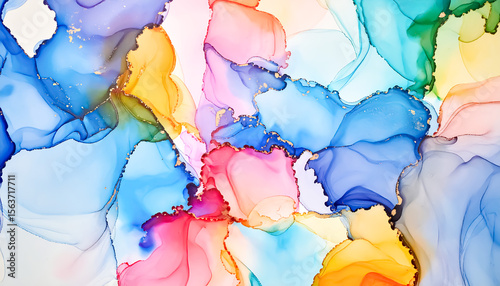 Dynamic inkscape of vibrant blue, pink, and yellow alcohol ink creates a stunning abstract design perfect for backgrounds and graphics.