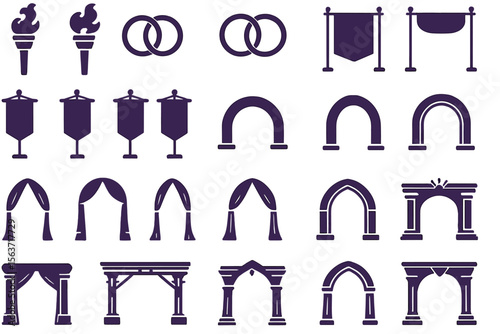 Set of wedding and celebration vector icons featuring arches, banners, and torches.