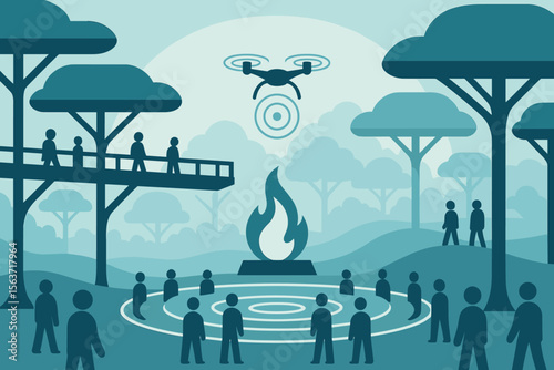 People gather around a central flame with drone overhead in forest