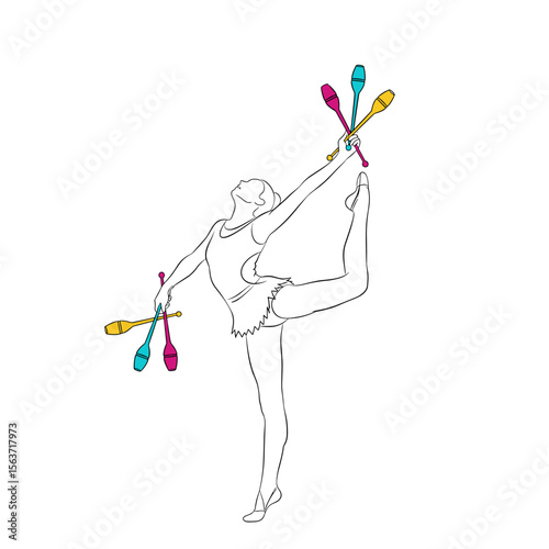 Juggler performing on one leg while balancing colorful clubs  