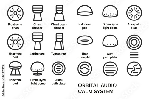 A collection of icons for the "Orbital Audio Calm System," featuring various calming audio equipment such as tone pods, diffusers, and light domes.