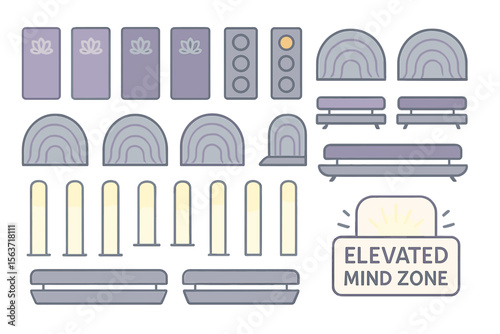 Minimalist wellness lounge elements labeled “Elevated Mind Zone”
