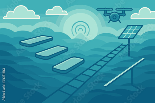 Surreal tech landscape with drone, solar panel, and abstract pathways