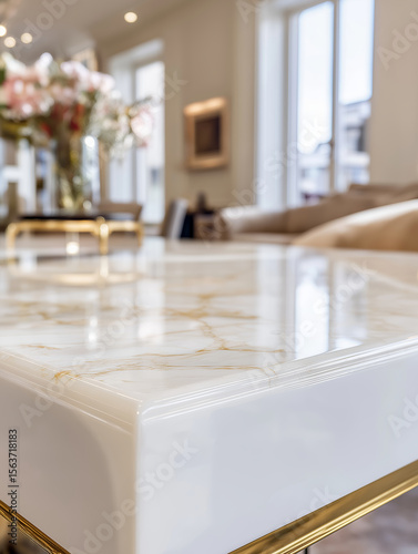 White marble tabletop gold inlay blurred luxury hall background for display