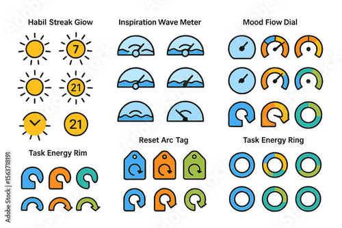 Set of colorful productivity and mood tracking UI icons