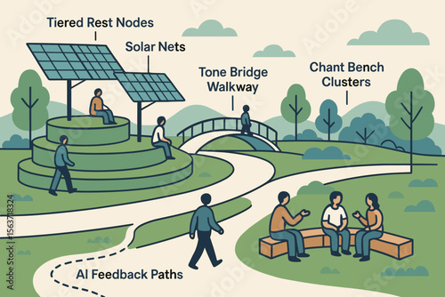 Illustration of an eco-friendly park featuring tiered rest nodes under solar nets, a tone bridge walkway, AI feedback paths