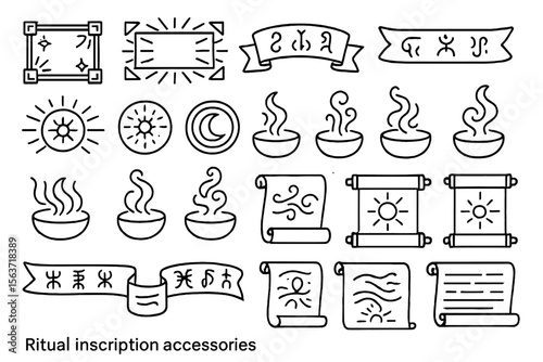 Set of mystical scrolls, banners, and ritual icons on dark background