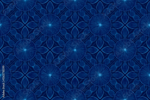 A seamless abstract pattern of intricate floral designs with radiating lines, set against a deep blue background, creating a visually striking and geometric arrangement.