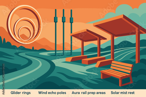 Retro-styled illustration of futuristic park with labeled rest areas