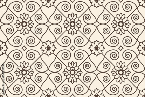 Vintage floral swirl pattern in brown line art on beige background