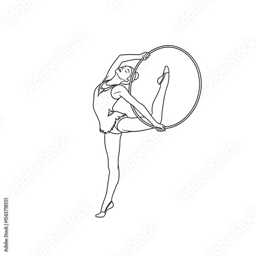 Young woman performing rhythmic gymnastics with hoop in motion  