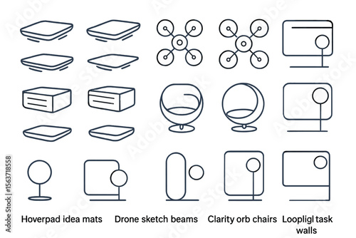 Set of line icons representing futuristic furniture, drones, and innovative designs.