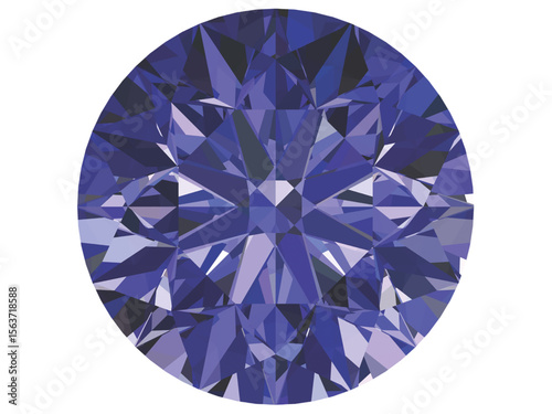 rendering of a blue gemstone, specifically a round-cut diamond or sapphire. The intricate design showcases the facets of the gems